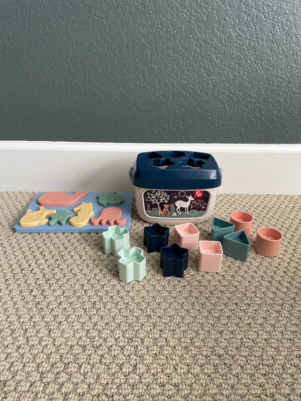 Fisher-Price Pastel Shape Sorter Woodland Edition Complete Set & Silicone Puzzle